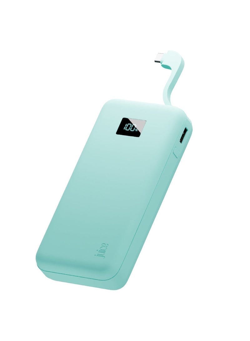 جوس باور بنك جوس إيكو إنتيجريتد، شاحن محمول بسعة 16000 مللي أمبير مع كابل USB-C مدمج وشاشة رقمية، إخراج سريع عبر USB-C، باور بنك متوافق مع آيفون 15 و16 برو ماكس، سامسونج، أندرويد، آيباد، وDJI – باللون الأزرق الفيروزي - Image 1